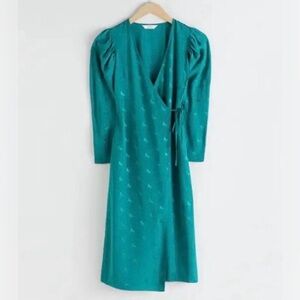 & OTHER STORIES Long Sleeve Wrap Dress Womens size 8 Teal Blue Horse Jacquard